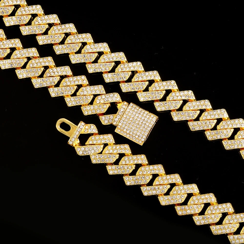 16Mm Hip Hop Miami Cuban Link Chain Set Necklace +Watch+Bracelet Creative Iced Out Shiny Trendy Stylish Jewelry for Women Men