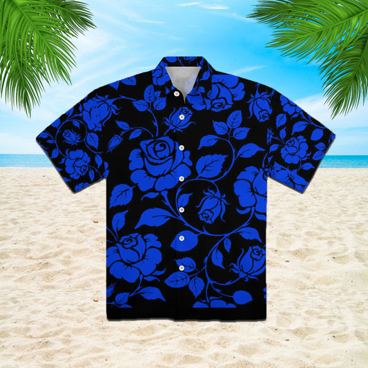 Men's Blue Rose Hawaiian Shirt - Tropical Floral Button-Up, Casual Beachwear