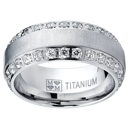 1.8 Carats Men'S Titanium Dome Brushed Finished Wedding Band Engagement Ring with Cubic Zirconia, 8Mm