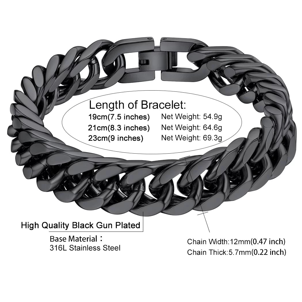 12mm Cuban Chain Bracelet for Men - Black Chunky Stainless Steel Franco Link, Cool Hip-Hop Style