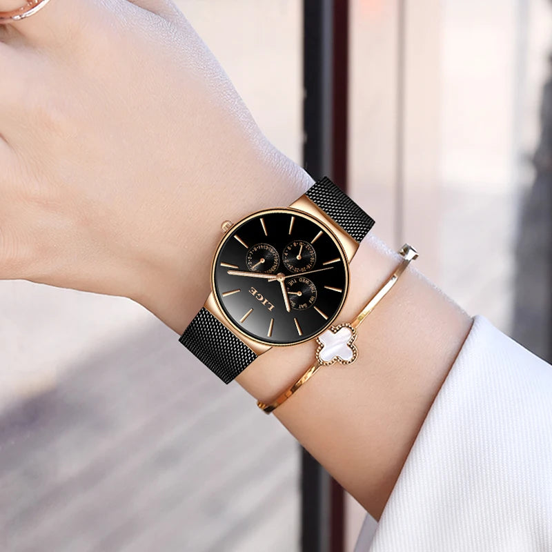 Classic Women's Rose Gold Luxury Watch - Fashion Casual Waterproof Quartz Wristwatch with Calendar