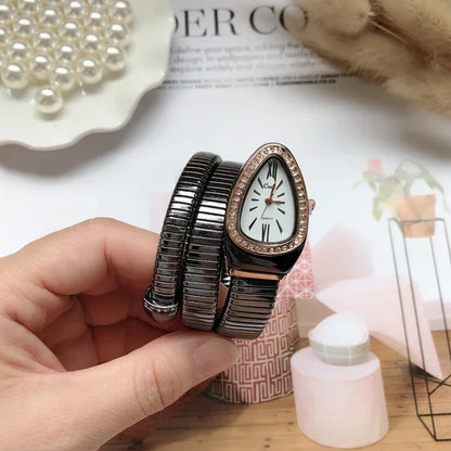 Luxury Women's Snake Quartz Watch 🐍 - Gold Diamond Stainless Steel Bracelet ⌚ Oval Dial