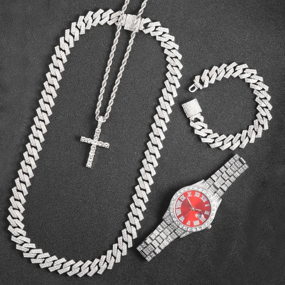 16Mm Hip Hop Miami Cuban Link Chain Set Necklace +Watch+Bracelet Creative Iced Out Shiny Trendy Stylish Jewelry for Women Men