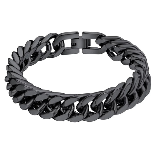 12mm Cuban Chain Bracelet for Men - Black Chunky Stainless Steel Franco Link, Cool Hip-Hop Style